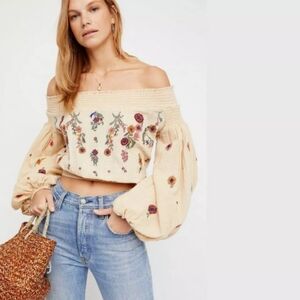 Free People Cream Embroidered Off-Shoulder Crop Top